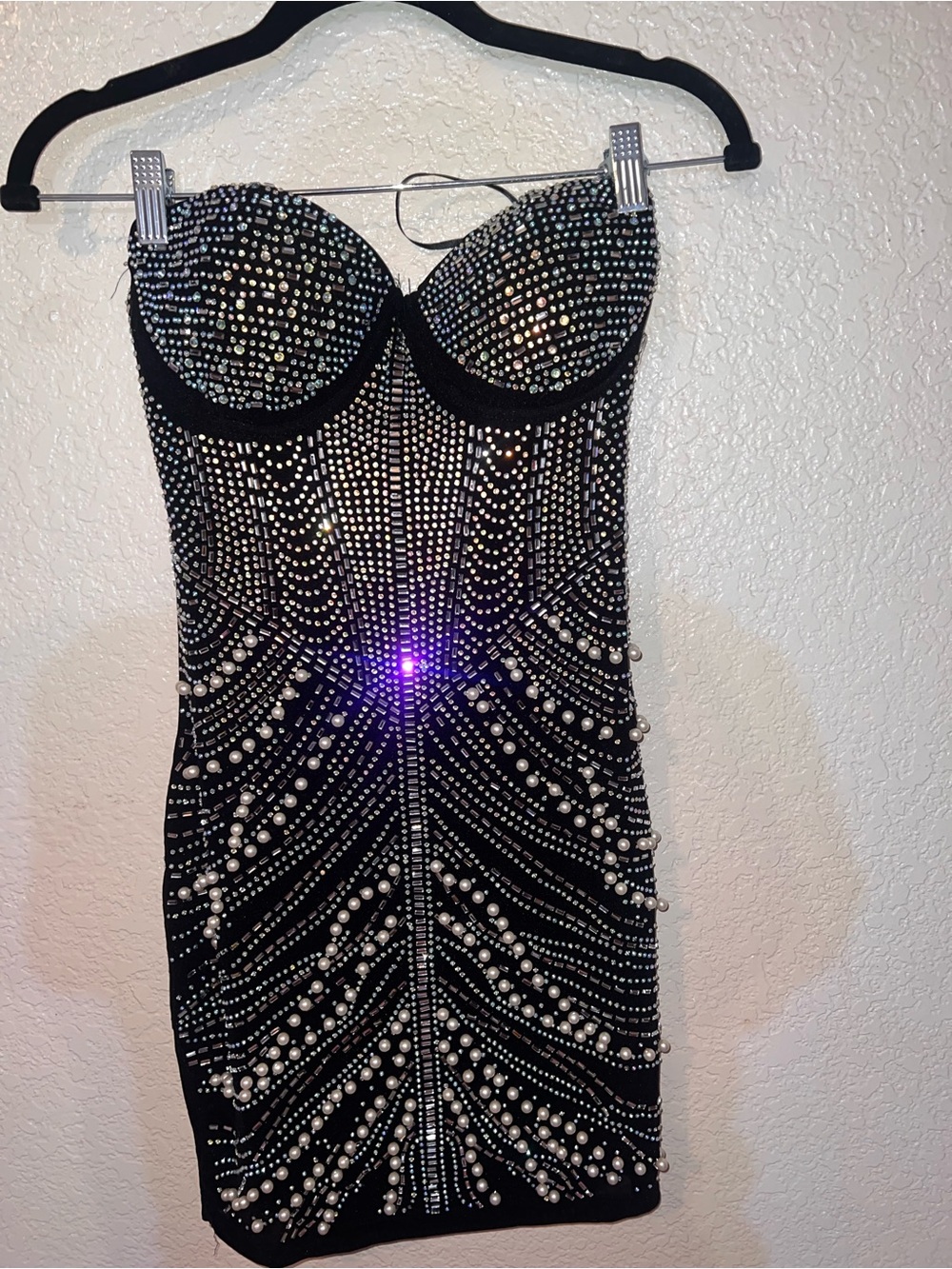 NWT Fashion Nova Black Strapless Rhinestone & Pearl Bodycon Mini Dress